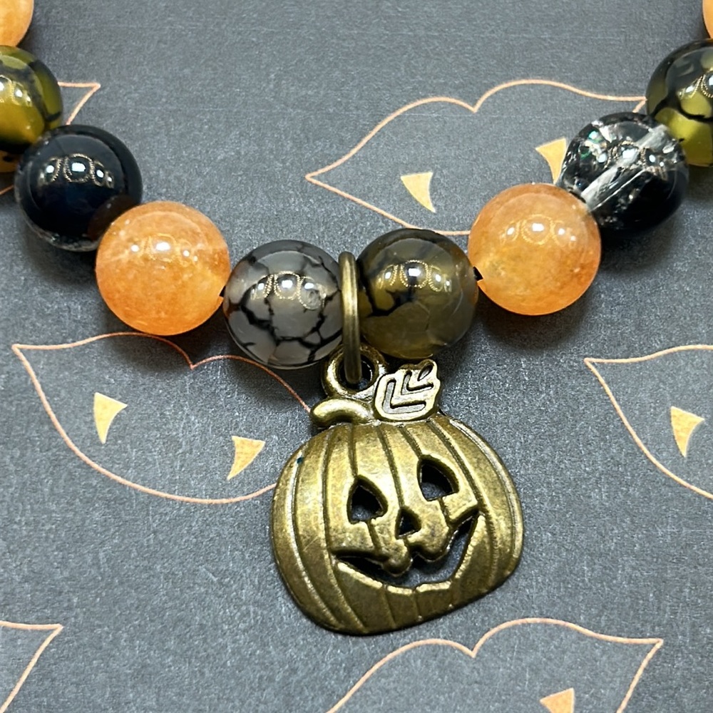 Handmade Halloween Pumpkin Charm Bracelet with Natural Orange Sunstones!